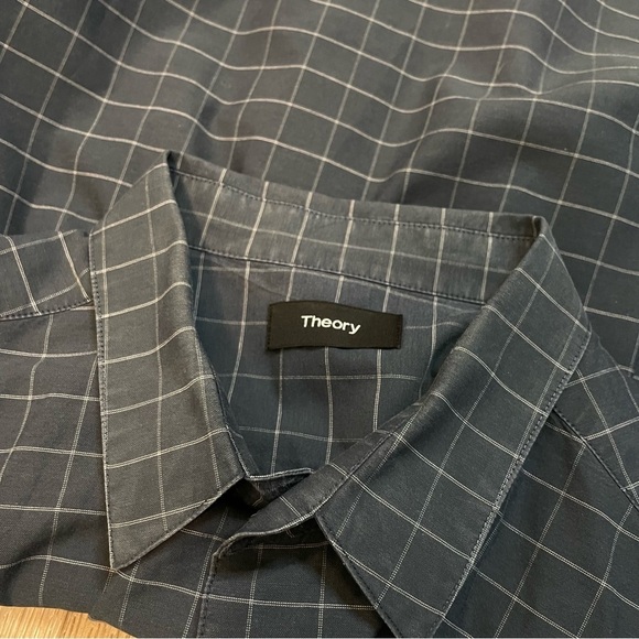 Theory Shirt Adult Large Gray Black Plaid Lightweight Button Up Cotton Mens - Picture 15 of 16